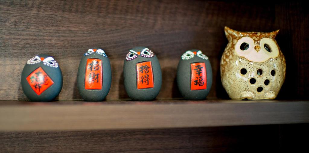 a row of rocks with an owl on a shelf at Full House in Jinning