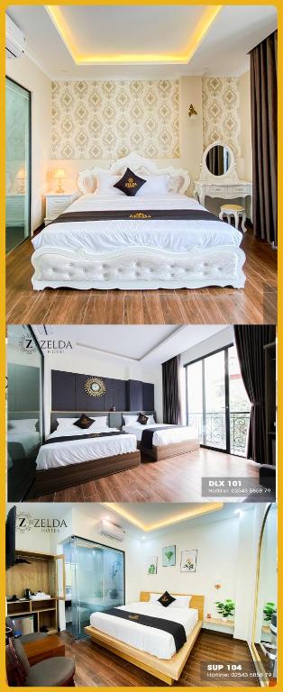 a bedroom with a large white bed and a room with at ZELDA hotel in Xã Thang Tam