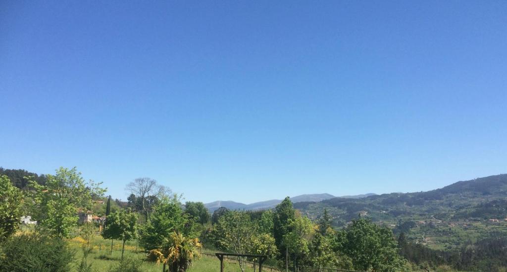 a view of a field with trees and mountains at Land Story - Rural House in Marco de Canaveses