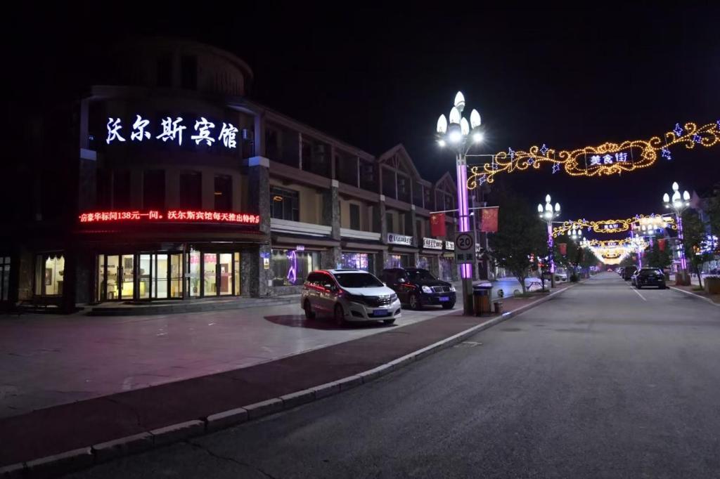a city street at night with christmas lights at Wo Er Si Hotel in Fusong