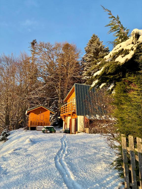 a log cabin in the snow with a trail at CHARMANT CHALET dans les monts du Forez in Le Fayt
