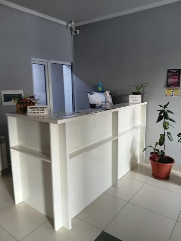a white desk in a room with potted plants at Гостиница"Hostel" in Karagandy