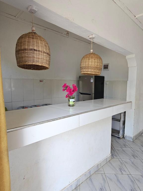 a kitchen with a counter with a refrigerator and two baskets at Casalola in Mombasa