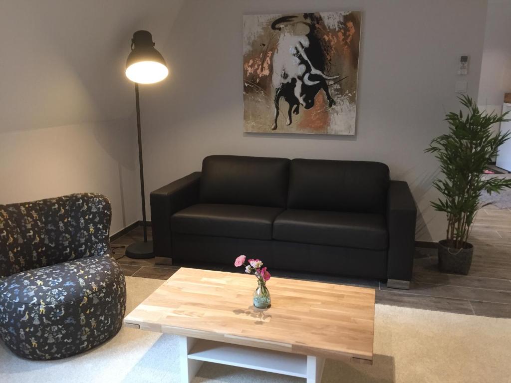 a living room with a couch and a coffee table at Boardinghaus Götterhimmel in Obernburg am Main