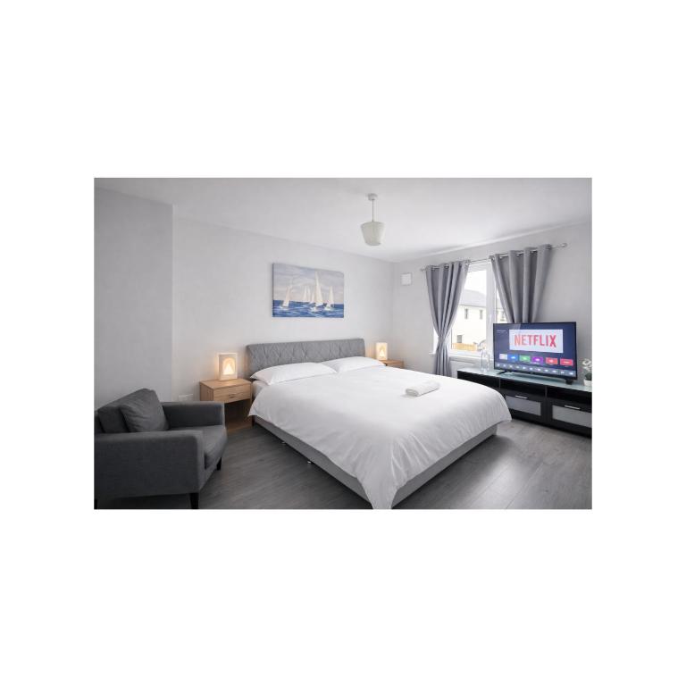 a bedroom with a bed and a couch and a tv at The Dene Homestay in Drogheda