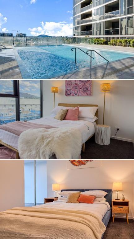 two pictures of a hotel room with a swimming pool at Urban Retreat - 2 BDR 2 BTH Apartment in Phillip