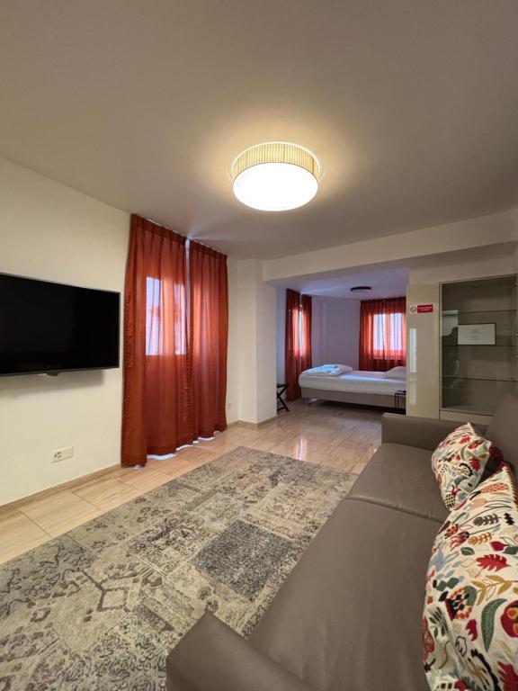 a living room with a couch and a flat screen tv at San Carlo Luxury Apartments in Lugano