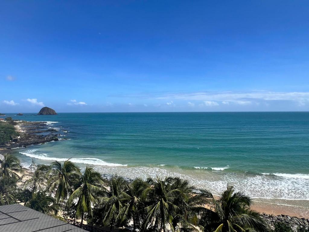 a view of a beach with palm trees and the ocean at Palm Beach Hotel Phu Yen - Kite surfing spot in winter in Phú Long (2)