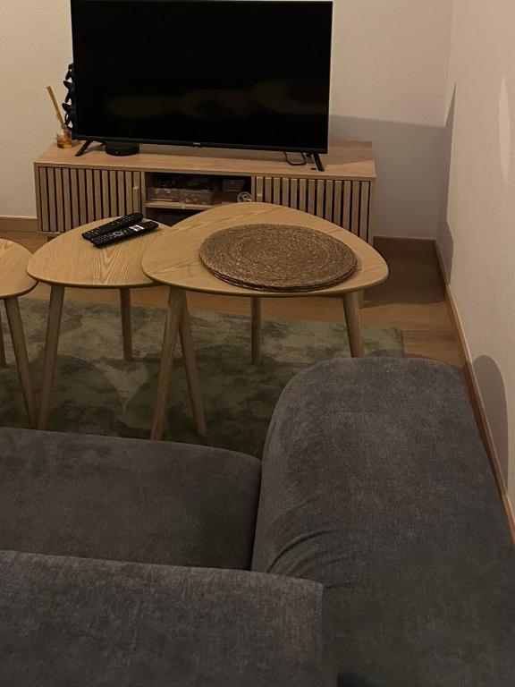 a living room with a coffee table and a tv at Le Cocoon Elite in Beynost