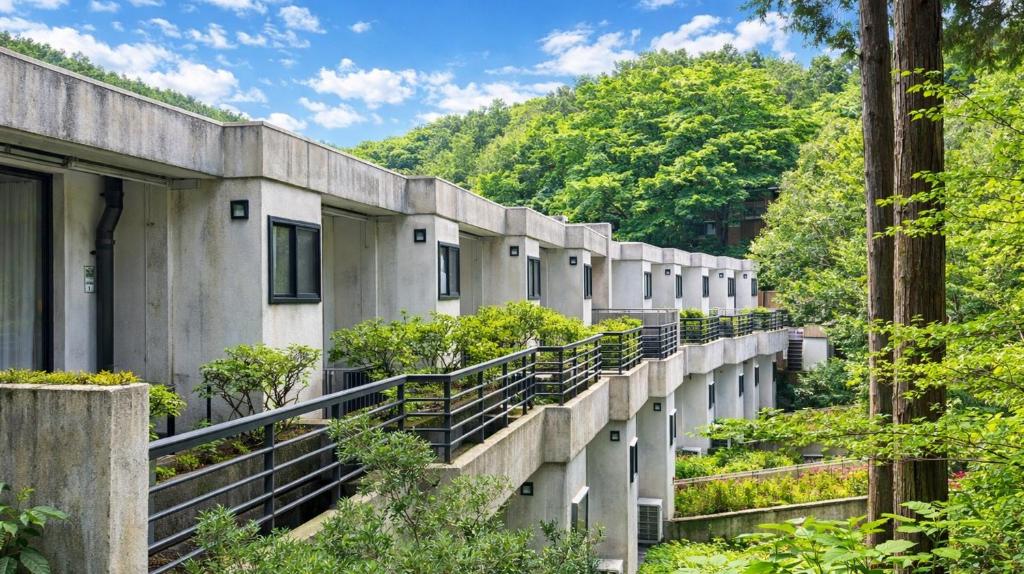 a row of buildings with trees in the background at Minami Hakone Villa in Kannami