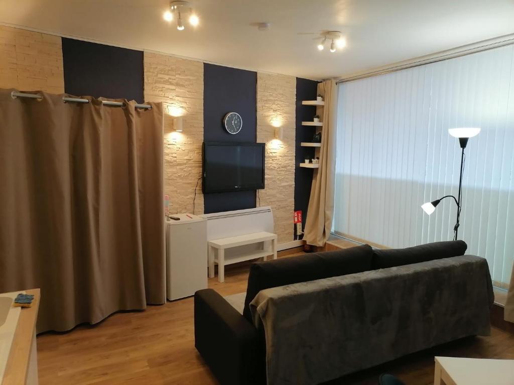 a living room with a couch and a television at Le Coeur du Beffroi in Douai
