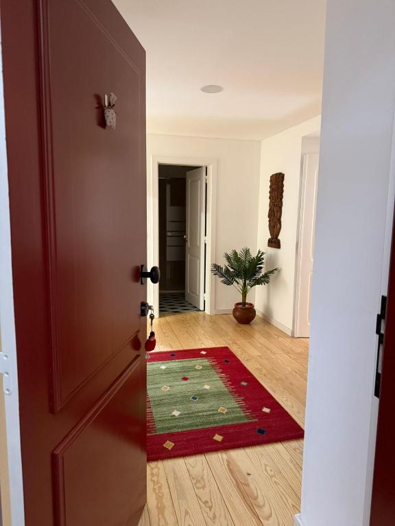 an open door with a red rug in a hallway at Casa Clara in Castelo de Vide