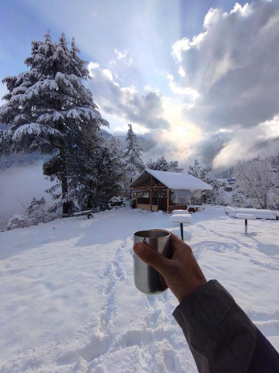 a person holding a cup of coffee in the snow at Kabir's Chalet Shangarh in Shangarh