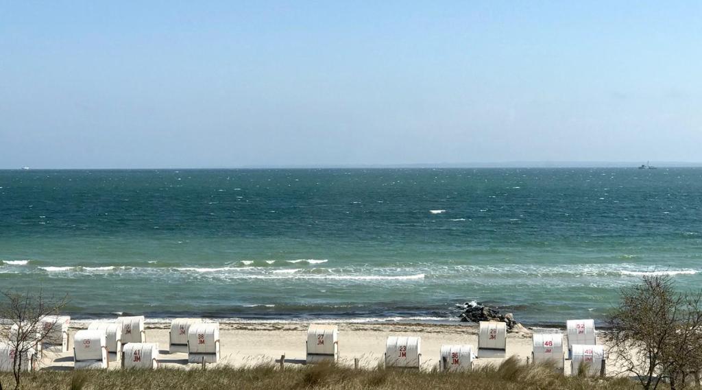 a beach with white beach chairs and the ocean at Strandhaus Haffkrug in Scharbeutz