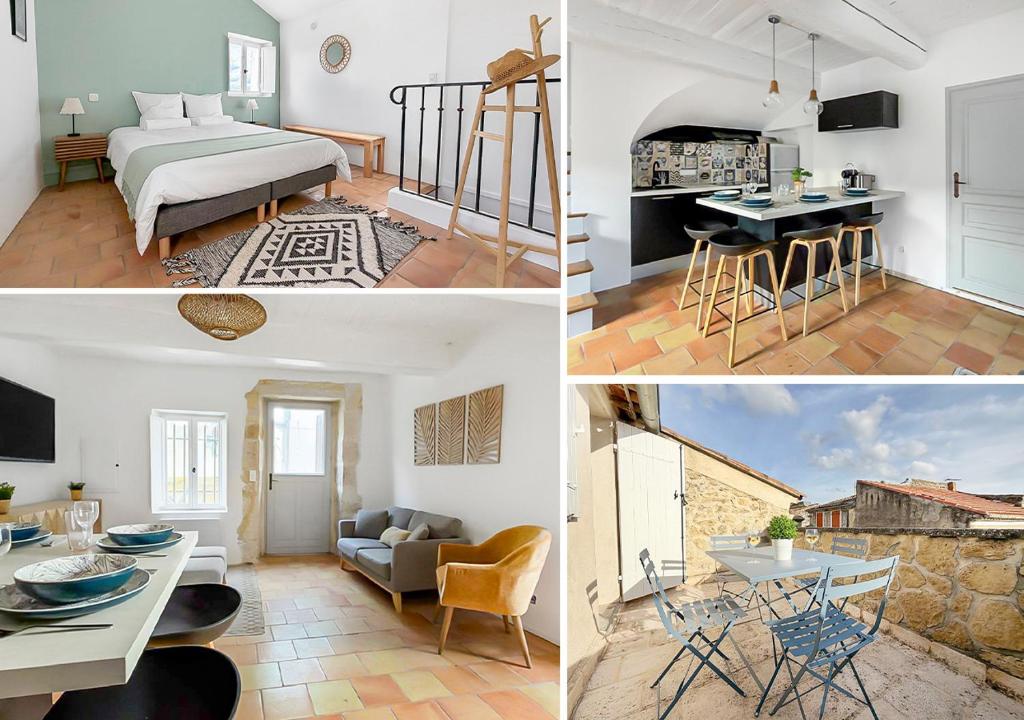 a collage of pictures of a bedroom and a living room at Maison rénovée avec terrasse et parking privé in Mallemort