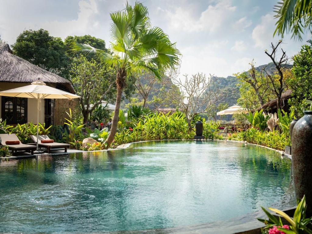a swimming pool in a resort with palm trees at La Lua Resort Ninh Binh in Ninh Binh