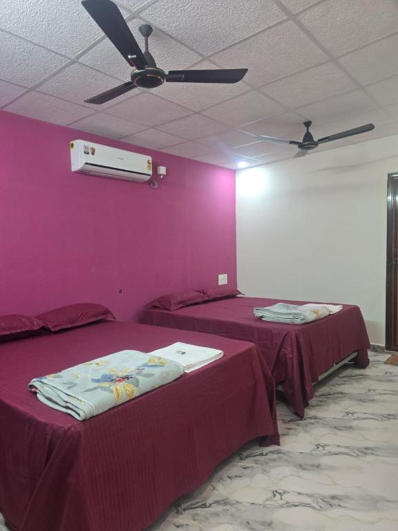 two beds in a room with purple walls at Prafulla Homestay in Kārwār