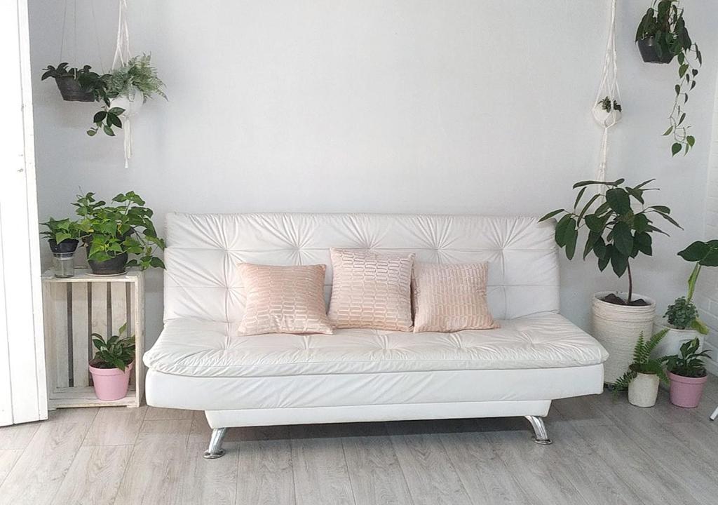 a white couch with pink pillows in a room with potted plants at Casa das Plantas in Piraju