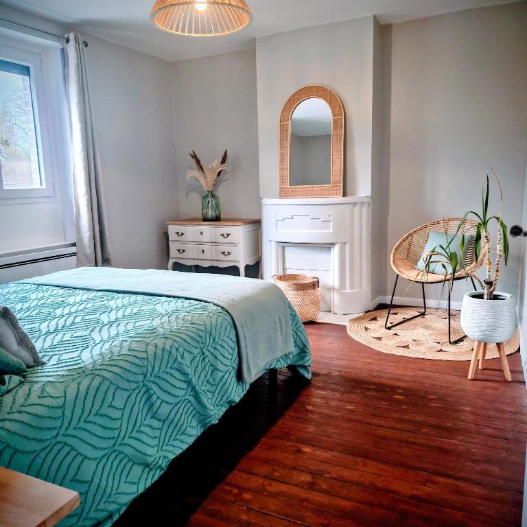 ein Schlafzimmer mit einem Bett, einem Tisch und einem Spiegel in der Unterkunft La Petite Maison de Vernon-Giverny, gîte cosy avec jardin à 7 min de Giverny, Sauna, Wifi, parking gratuit dans la rue, calme in Vernon