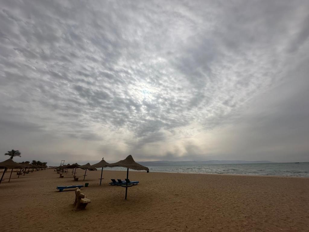 a beach with umbrellas and chairs and the ocean at ريفيرا 1 in Ras Sedr