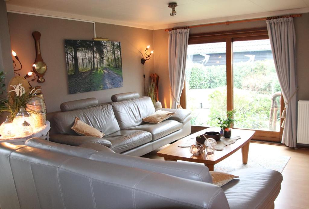 a living room with a couch and a table at Veluwe Park Reewold Chalet Infinity in Putten