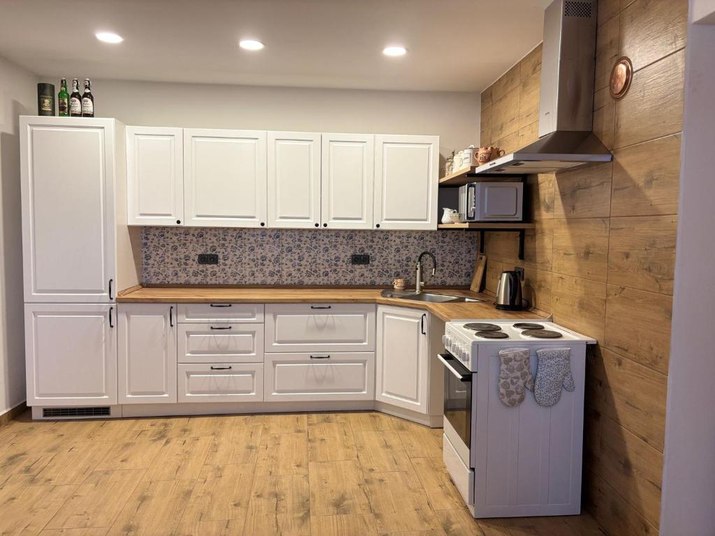 a kitchen with white cabinets and a stove top oven at Chalupa u dědy in Kozlov