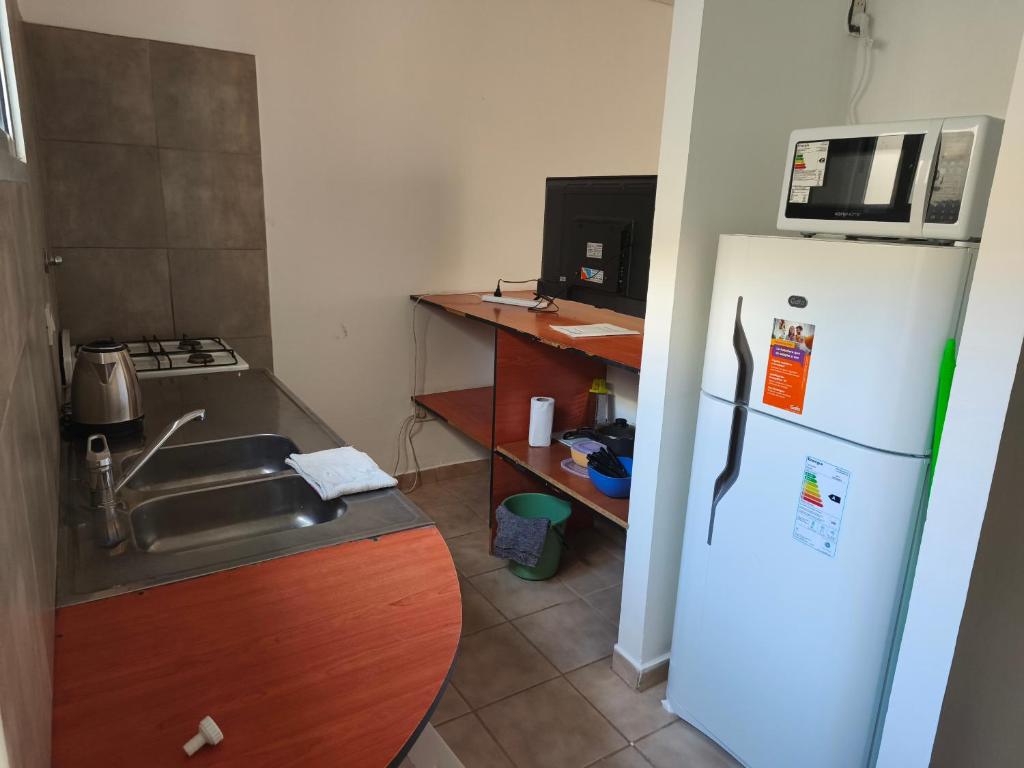 a kitchen with a sink and a white refrigerator at Depto guemez1 in General Roca