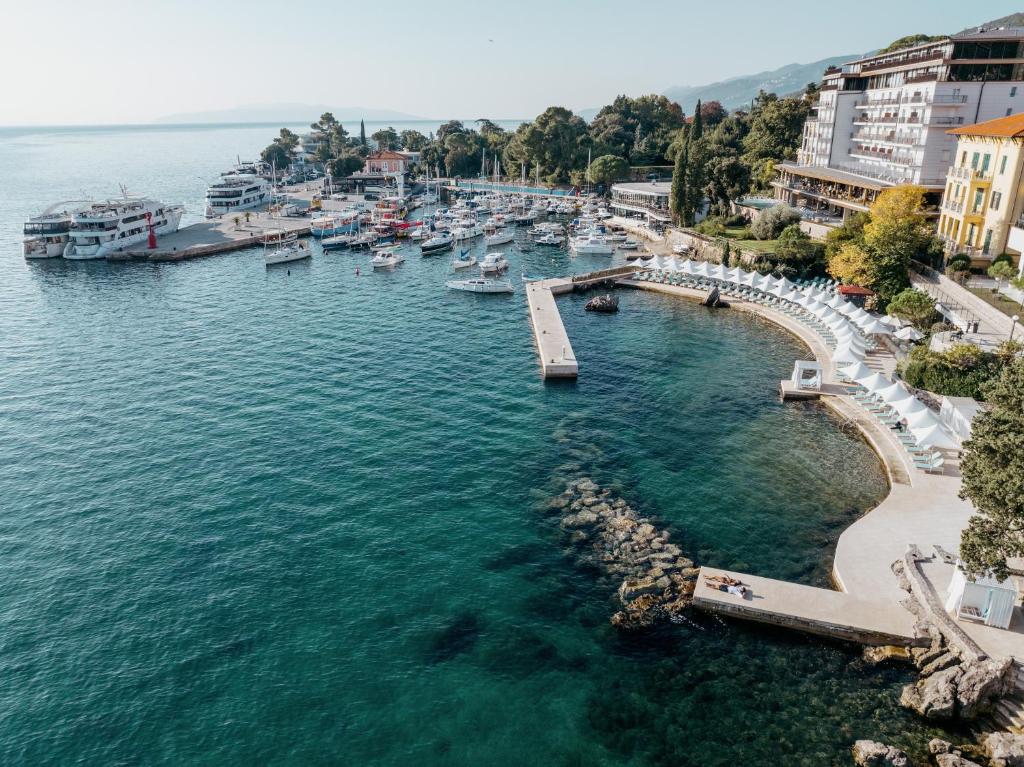 an aerial view of a harbor with boats in the water at Amadria Park Grand Hotel 4 Opatijska Cvijeta in Opatija