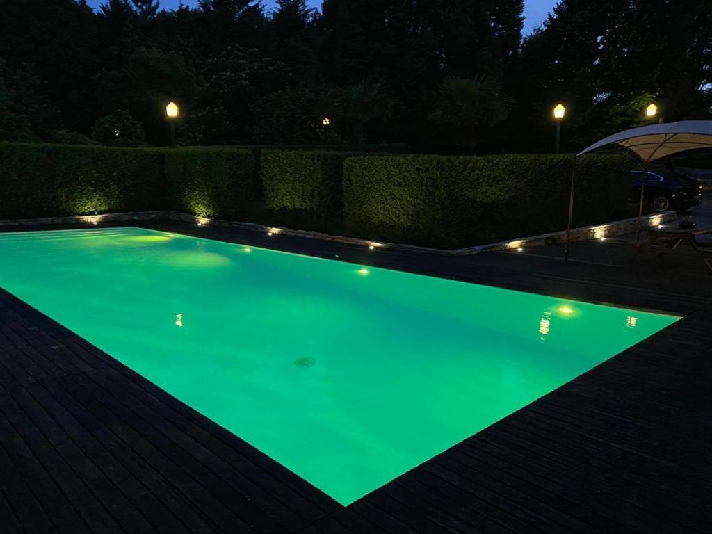 a green swimming pool at night with lights at Villas do monte in Guimarães