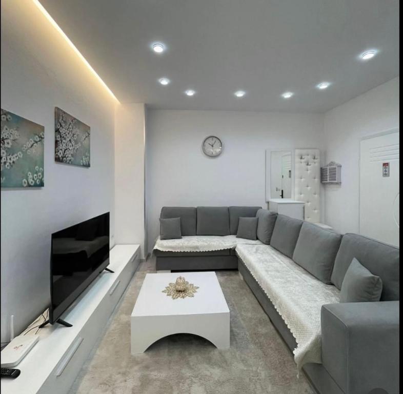 a living room with a couch and a tv at Paco Apartment Center Shkoder in Shkodër