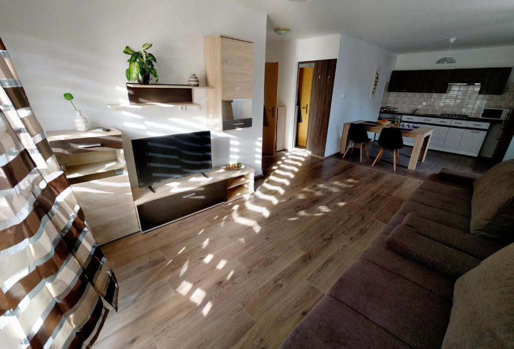 een woonkamer met een bank en een open haard bij Apartments Tome in Ljubljana