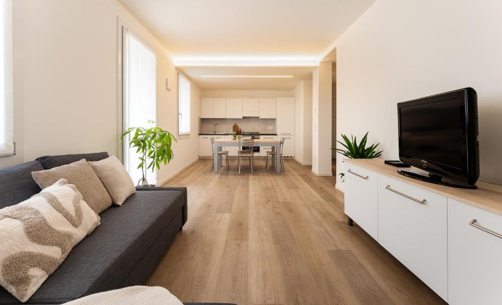 a living room with a couch and a flat screen tv at Dama Apartments in San Vito di Leguzzano