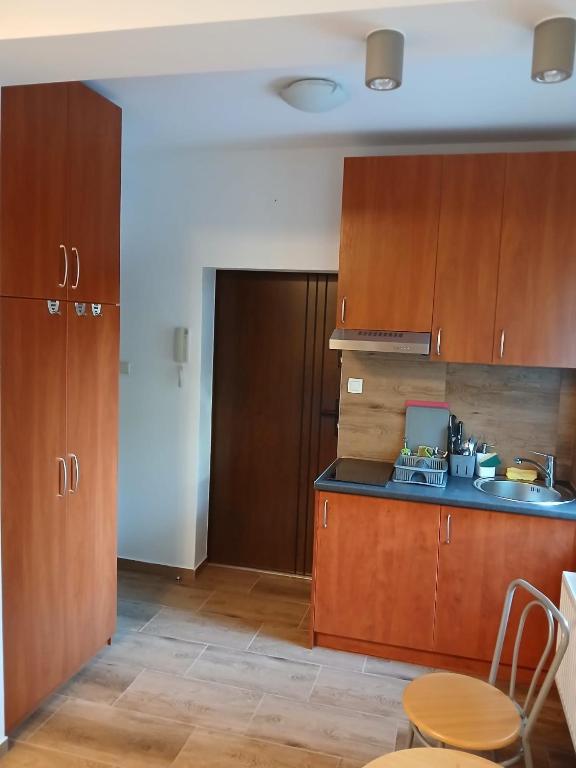 a kitchen with wooden cabinets and a table and chairs at Biedronka- samodzielny apartament dla 3 osób z miejscem parkingowym in Sopot