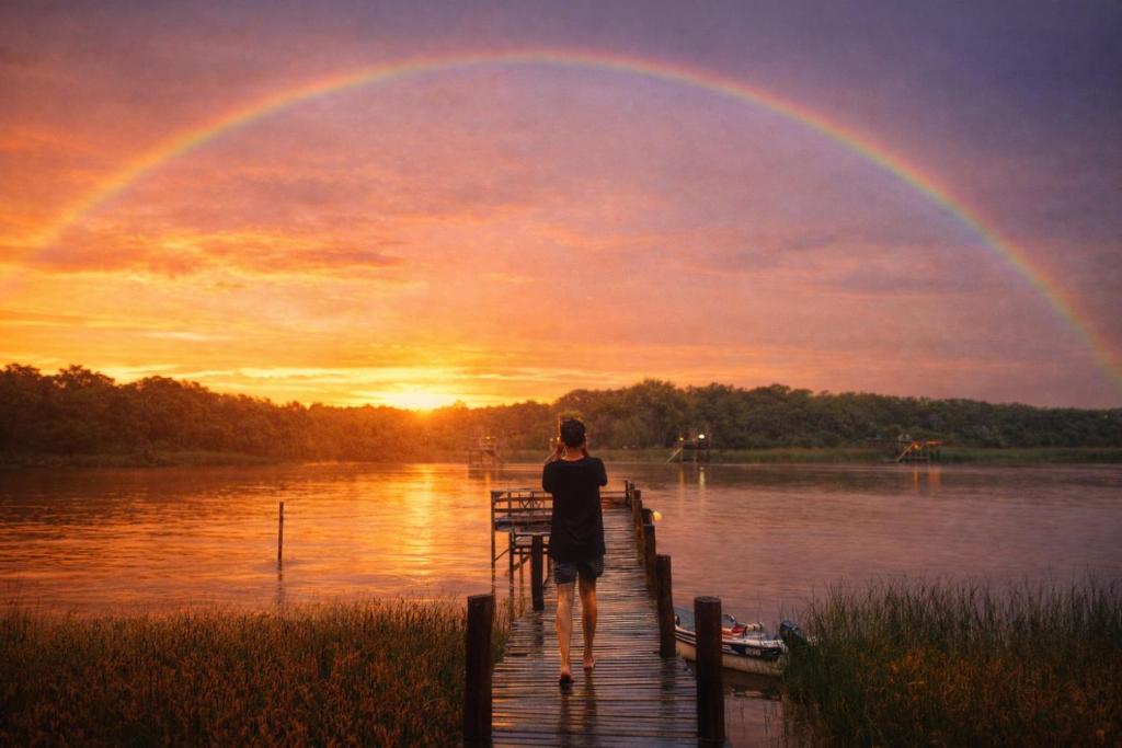 a person standing on a dock with a rainbow at La poderosa delta tigre in Tigre