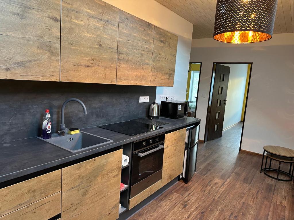 a kitchen with a sink and a counter top at Apartmány U GUNÁRA Vyhne - Apartmán Akácia in Vyhne