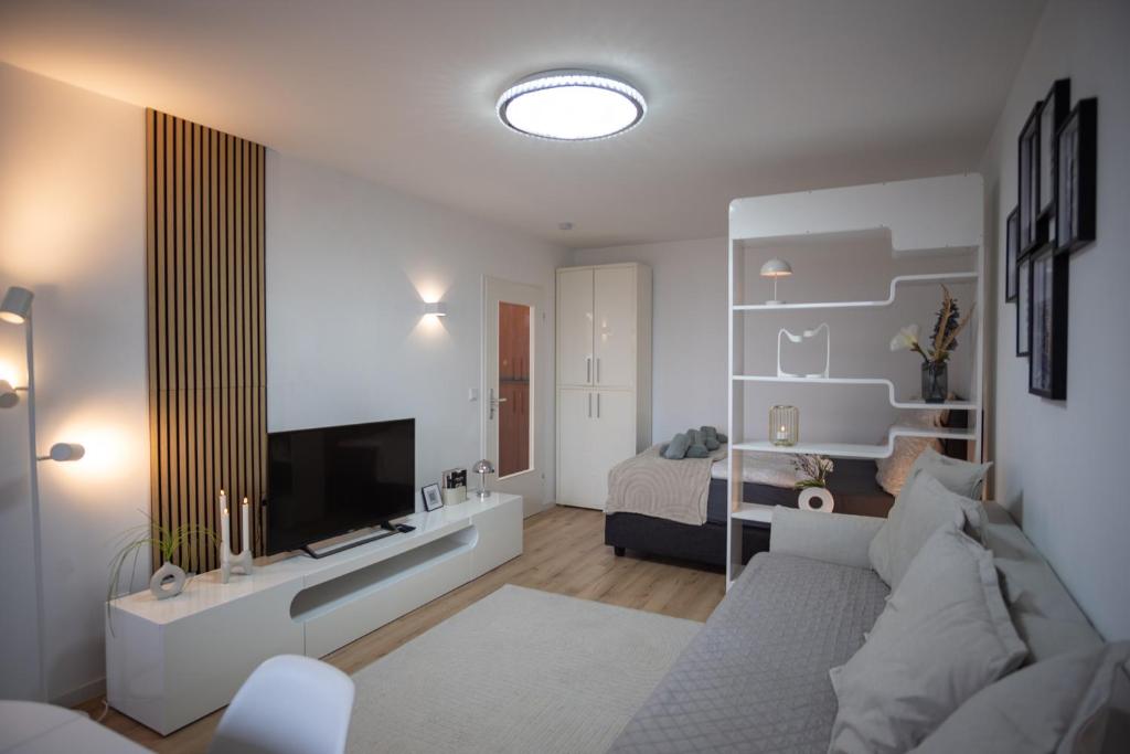 a living room with a couch and a television at Cozy apartment with pool I U-Bahn in Munich