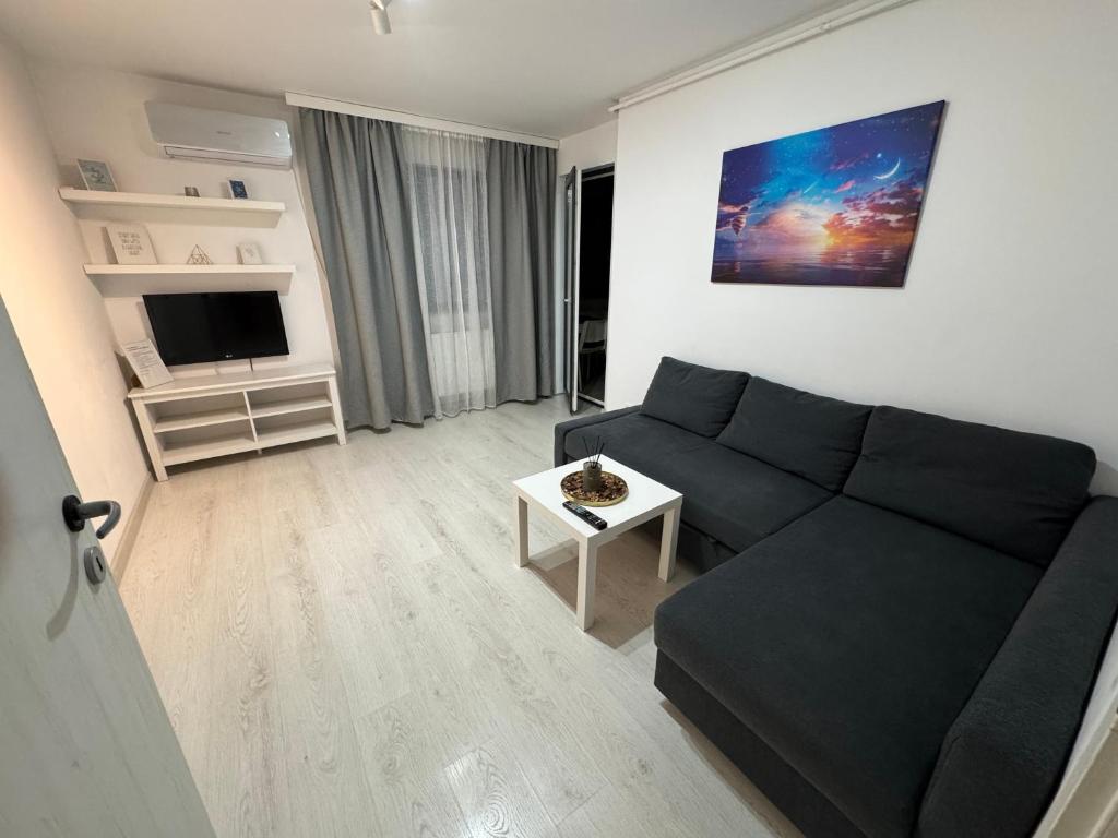 a living room with a black couch and a table at Apartment Pitesti in Piteşti