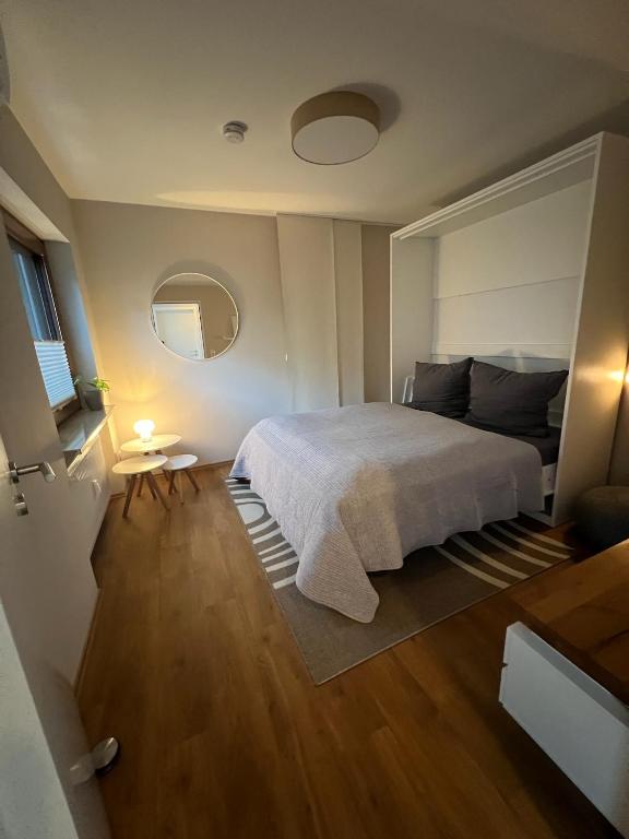 a bedroom with a large bed and a mirror at Goodie Room I Apartment I Würzburg Estenfeld in Estenfeld