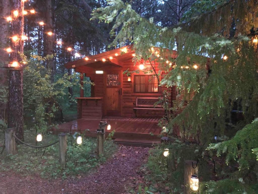 a cabin in the woods at night with lights at Fancy Fireflies Cabin in Hayward