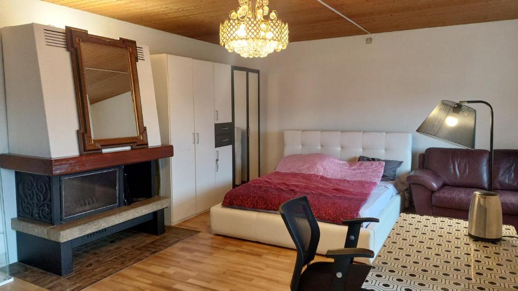 a bedroom with a bed and a mirror and a couch at Large room, shared kitchen and bath, near station in Bolligen