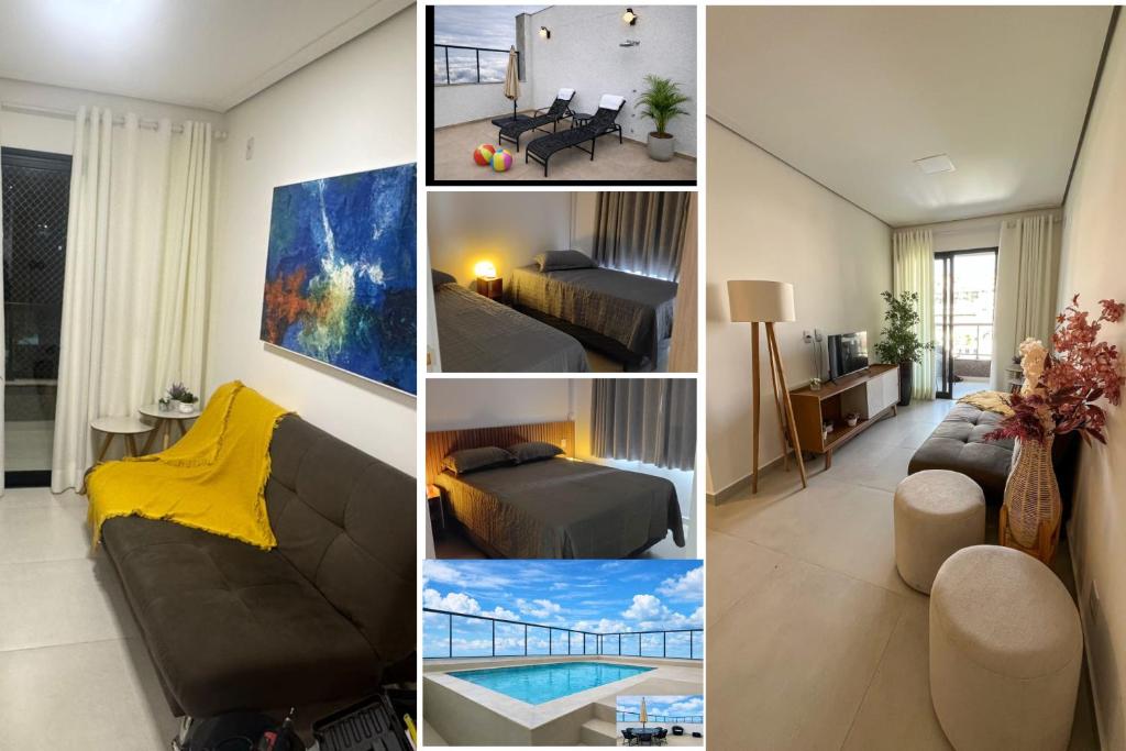 a collage of photos of a hotel room at PISCINA, 2qts, 2 banh, varanda c churrasqueira, estacionamento, elevador, portaria in São Lourenço