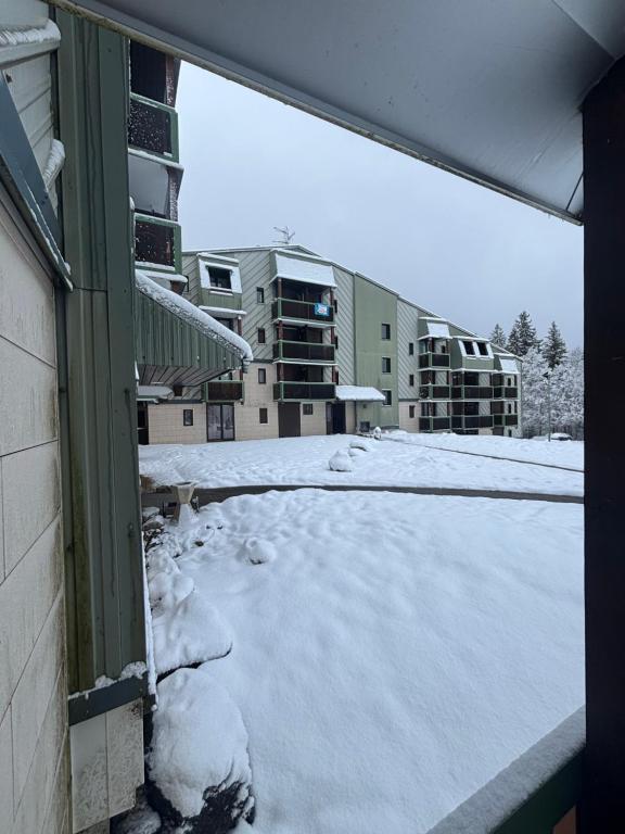una vista di un cortile coperto di neve con edifici di Charmant Studio a Prémanon