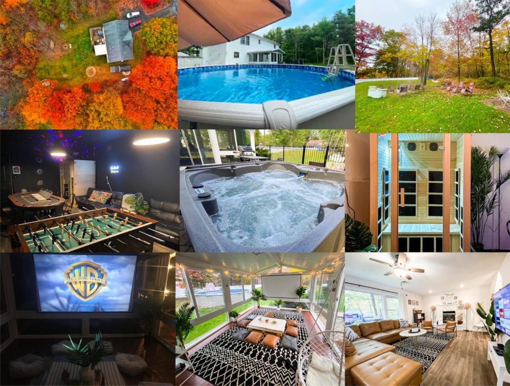 a collage of pictures of a home with a pool at HotTub|Sauna|Theater|BBQ|Firepit|Game|Pool in Long Pond