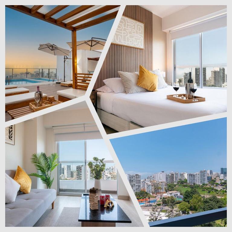 a collage of four pictures of a hotel room at G15 Apartments by Vibrant in Lima