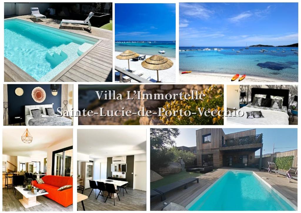 a collage of pictures of a swimming pool at L'Immortelle in Zonza