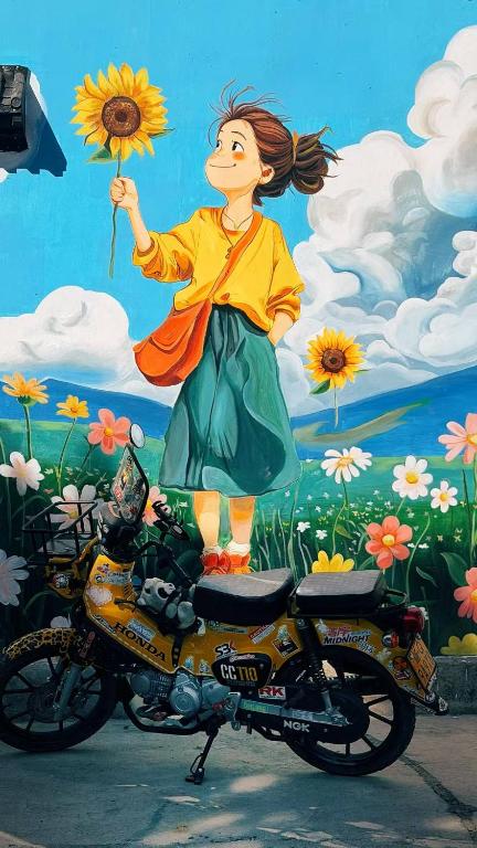 a painting of a woman holding a sunflower behind a motorcycle at DALI FLOWER&CAT VILLa in Dali