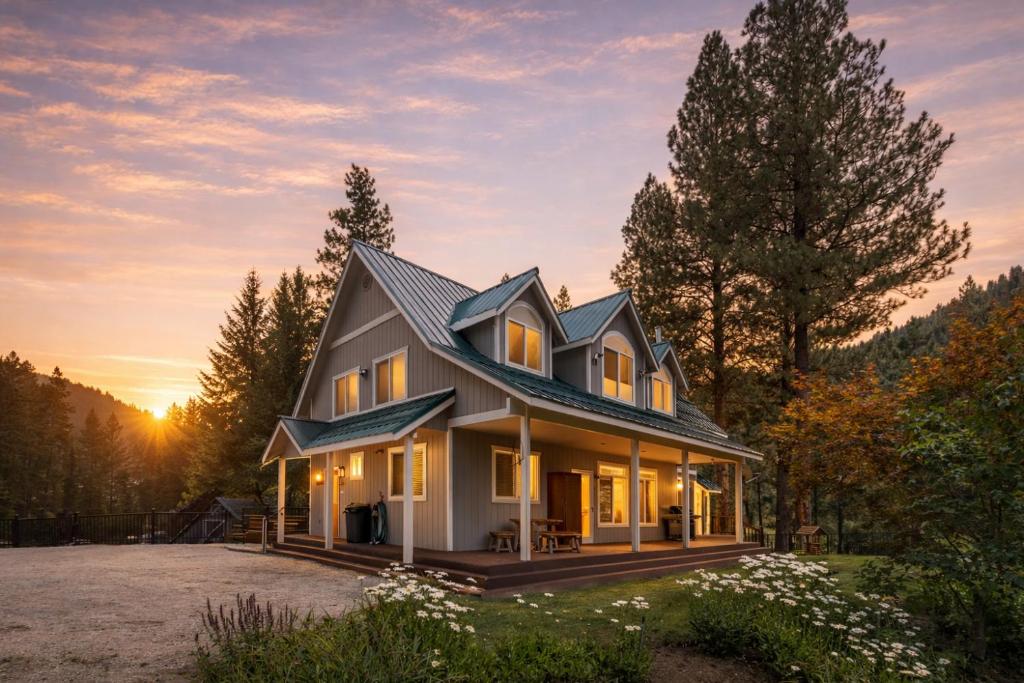 a house in the woods at sunset at Recharge by The River by NW Comfy Cabins in Leavenworth