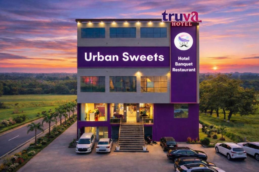 a hotel with cars parked in a parking lot at Truva Hotel in Faridabad