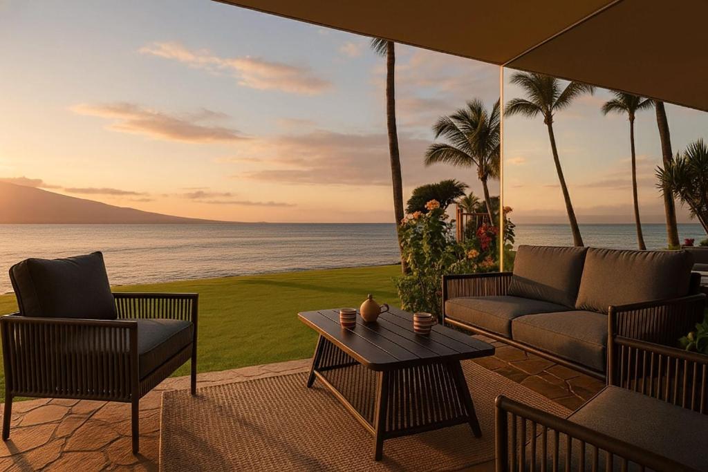 a patio with a couch and a table and the ocean at Lauloa 106 in Wailuku