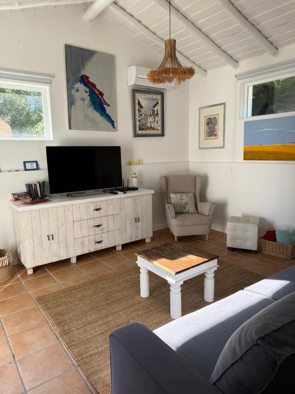 a living room with a tv and a couch at Casa Brisa do Mar in Comporta
